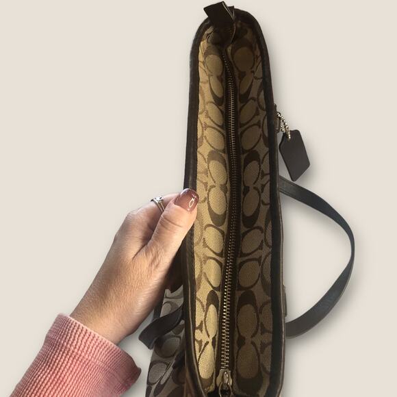 Authentic Coach Jacquard Monogram Tote Purse Brown Tan with Leather Trim - Picture 13 of 15